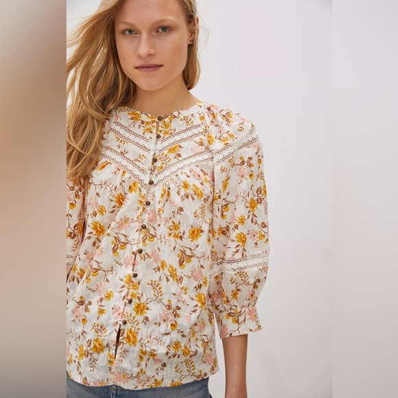 Anthropologie Harmony Lace Top XS Floral Boho Peasant Blouse Cottagecore Button - Picture 1 of 16